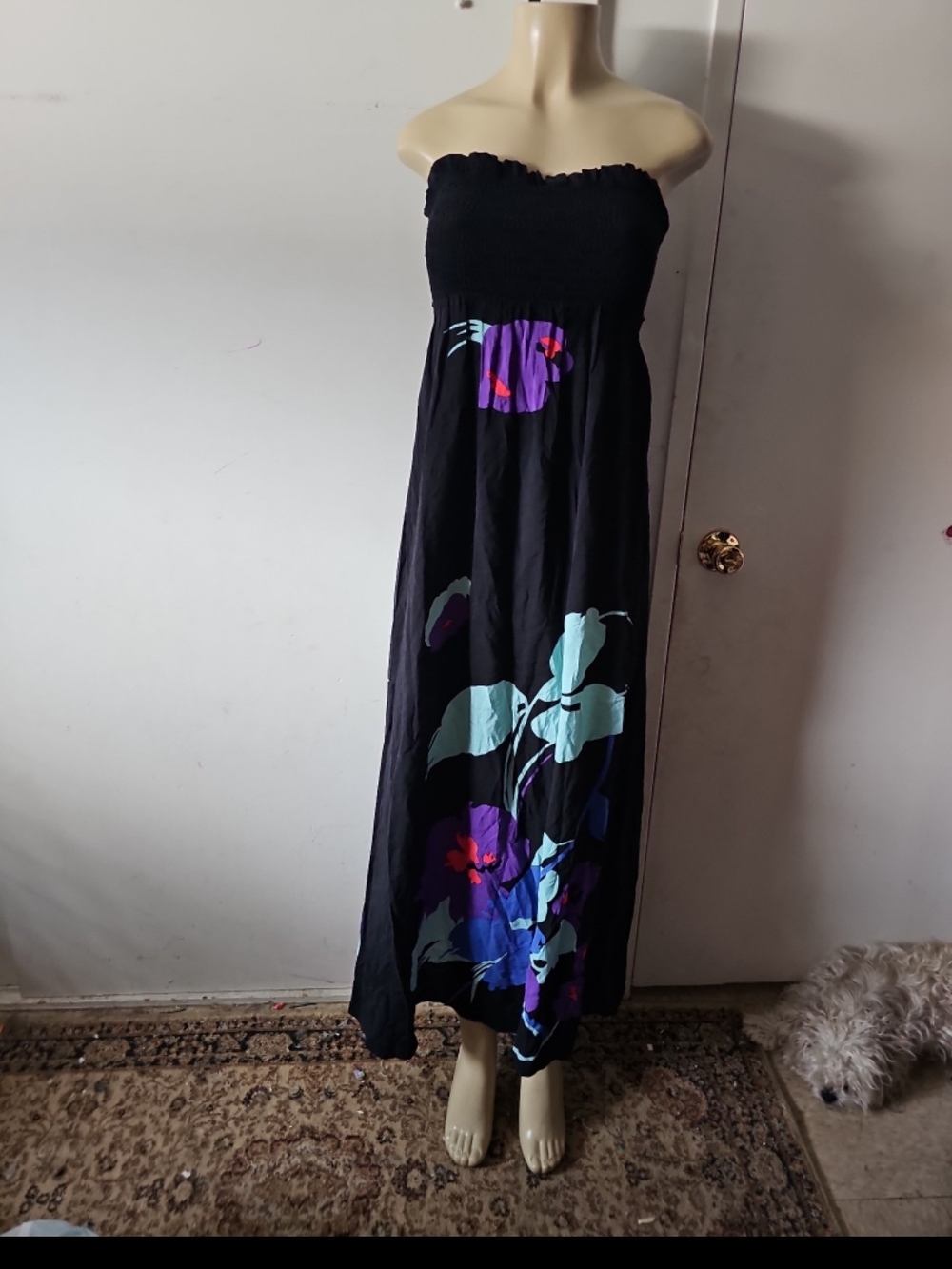 Akualani Black Strapless Maxi Dress with Purple & Teal Floral Print